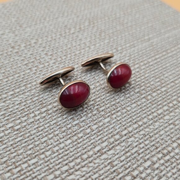 Sterling Silver Red Stone Cufflinks A5418 - Picture 2 of 6